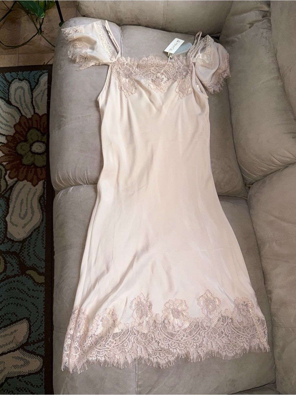 Gold Hawk Lace-Trim Silk Slip Mini Dress in Blush-NWT